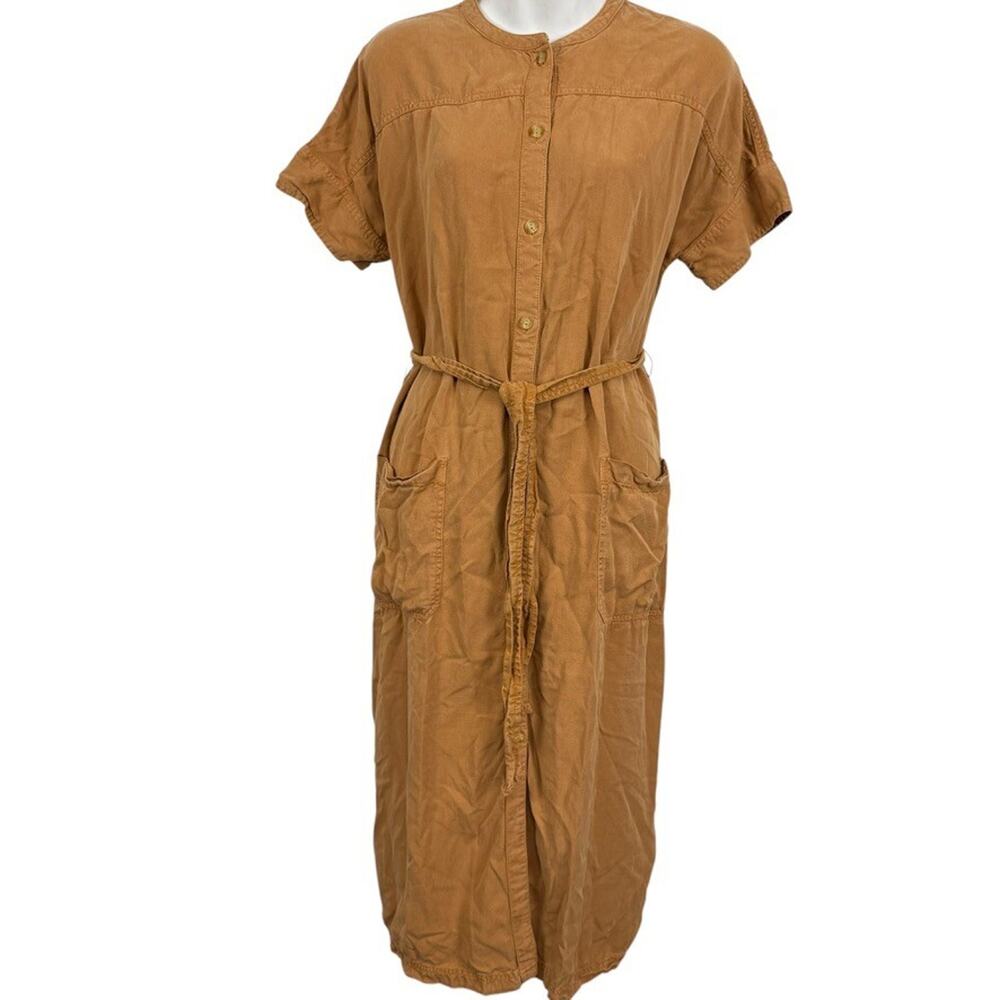 Caslon Button Down Womens Orange Tencel Soft Belted Midi Short Sleeve Dress sz M
